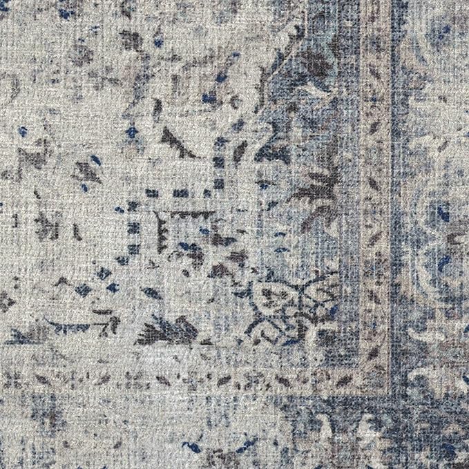 RUGGABLE Washable Vintage Runner Rug – Sarrah Blue Quartz 2.5x7, Stain-Resistant, Non-Slip Hallway Runner – Machine Washable Rug for Hallway, Entryway, Living Room & Kitchen–with Standard Pad