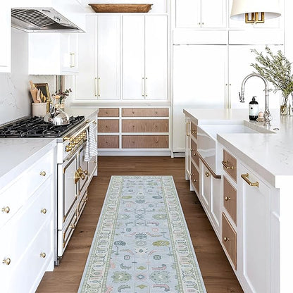 Fame Living Cream Blue Oushak Runner Rug, Modern Runners, Vintage, Turkish, Eclectic, Floral, Pastel, Washable, Runner for Hallway, Kitchen, Bedroom, Bathroom, 2'5"x9'8"