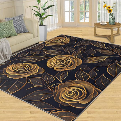Rose Rugs for Bedroom - 4x5 Area Rug - Black Gold Flowers Rugs for Living Room, European Light Luxury Flowers Rug, Washable Home Decor Carpet