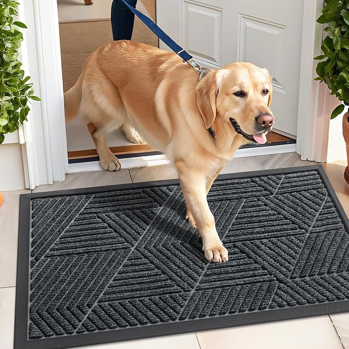 Kitinjoy Front Door Mat Outside Entrance, Sturdy Natural Dirt Trapper, Heavy Duty Rubber Doormat, Low Profile Non-Slip Backing, Easy Clean Floor Mat for Indoor Outdoor Entry, 29.5X17 Inch, Grey