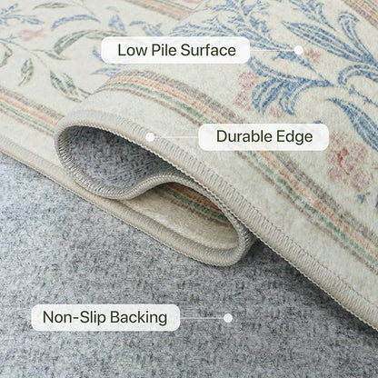 Bavni Floral Beige Pink Area Rugs 5x7, Vintage Boho Carpet Machine Washable, Non Slip Soft Low Pile Thin Rug for Bedroom, Living Room, Dining Room, Nursery