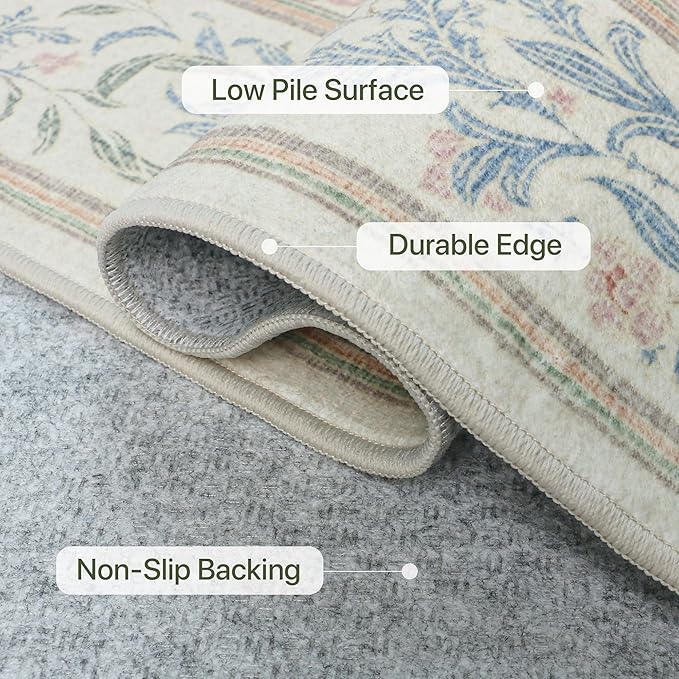 Bavni Floral Beige Pink Area Rugs 8x10, Vintage Boho Carpet Machine Washable, Non Slip Soft Low Pile Thin Rug for Bedroom, Living Room, Dining Room, Nursery