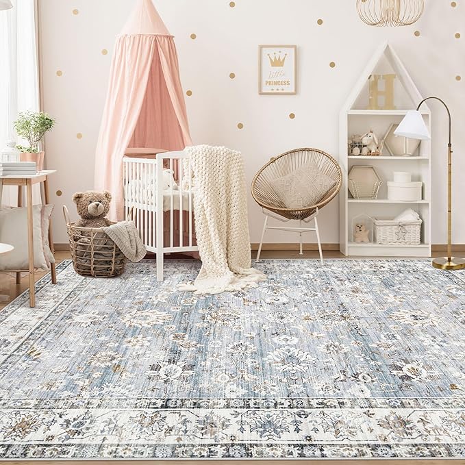 Area Rug 6x9 Living Room Rug, Machine Washable Vintage Distressed Boho Area Rug Non-Slip Soft Low Pile Large Indoor Rugs for Bedroom Kitchen Dining Room Office(Light Blue,6'x9')