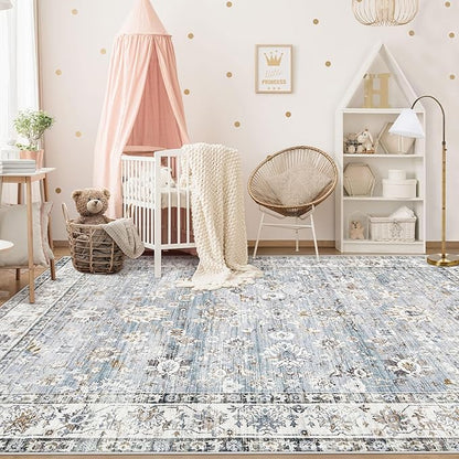 Area Rug 6x9 Living Room Rug, Machine Washable Vintage Distressed Boho Area Rug Non-Slip Soft Low Pile Large Indoor Rugs for Bedroom Kitchen Dining Room Office(Light Blue,6'x9')