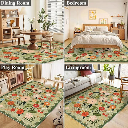 U'Artlines 5x7ft Vintage Floral Area Rug Machine Washable Ultra Soft Low Pile Non Slip Non Shedding Accent Floor Carpet for Living Room, Bedroom, Dining Room, Office (Green)