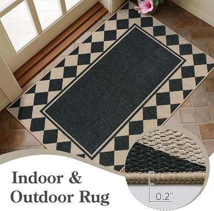 Moynesa Easy Jute Outdoor Rug 5x7 Area Rugs, Washable Checkered Rugs for Living Room Non Slip, Farmhouse Neutral Carpet for Backyard Dining Room Balcony, Black Grid Pattern