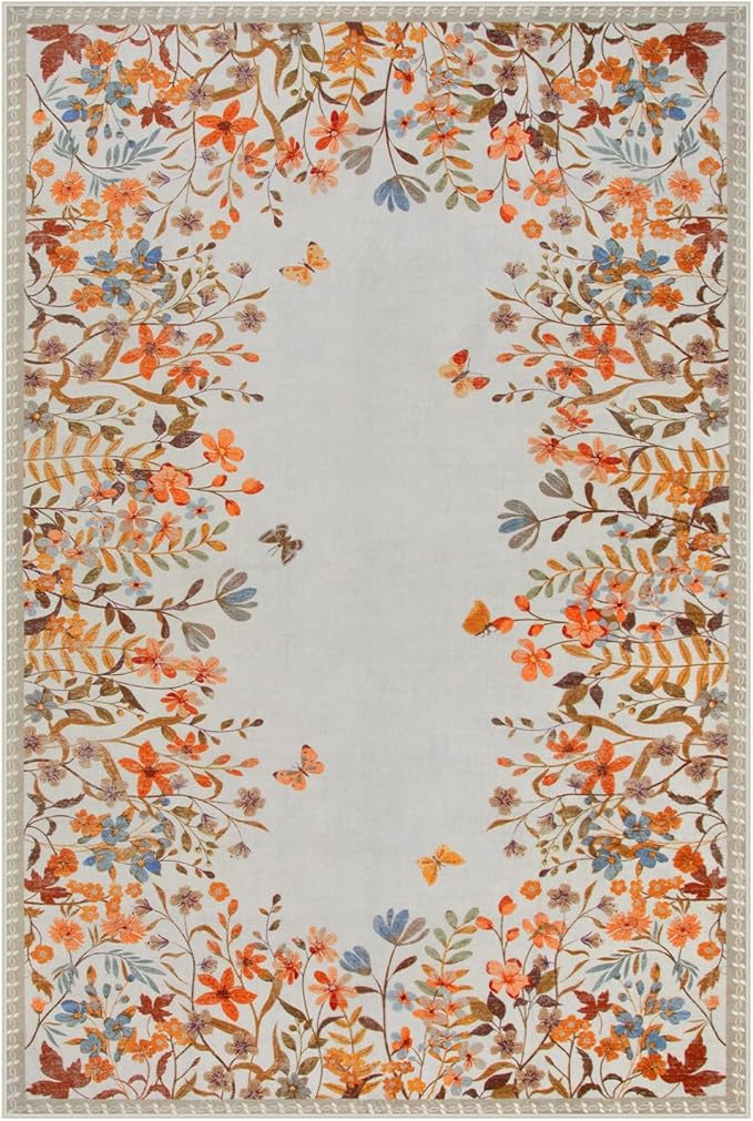 Wonnitar Floral Washable Area Rug 4x6 Halloween Rug, Non-Slip Soft Fall Rugs for Bedroom, Low Pile Botanical Nursery Rug Carpet for Bedside Kids Room Dorm Decor (Orange,4'x6')