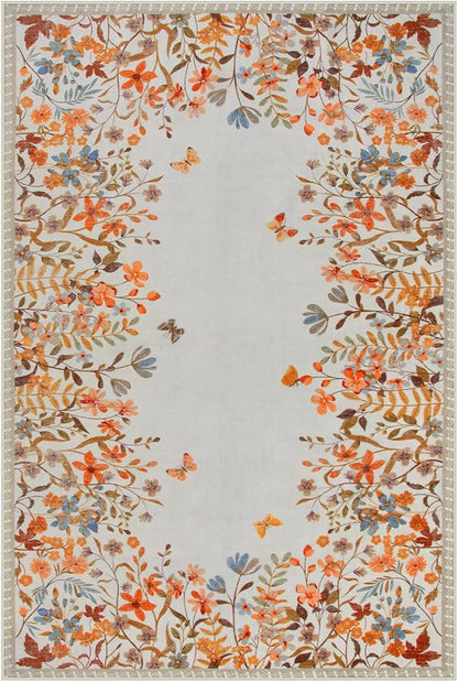 Wonnitar Floral Washable Area Rug 4x6 Halloween Rug, Non-Slip Soft Fall Rugs for Bedroom, Low Pile Botanical Nursery Rug Carpet for Bedside Kids Room Dorm Decor (Orange,4'x6')