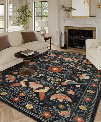 Moynesa Black Washable 8x10 Area Rugs for Living Room Bedroom Dining Room, Modern Transitional Aesthetic Floral Bird Medallion Carpet, Folk Art Home Decor Open Floor Areas Protection Non-Slip