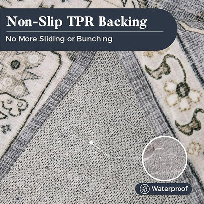 PURRUGS Vintage Farmhouse Boho Runner Rug 2'6" x 8', Non-Slip Machine Washable Rug, Accent Area Rug for Kitchen, Hallway, Entryway, Bedroom, Living Room and Dining Room, Periwinkle Gray/Soft Ivory