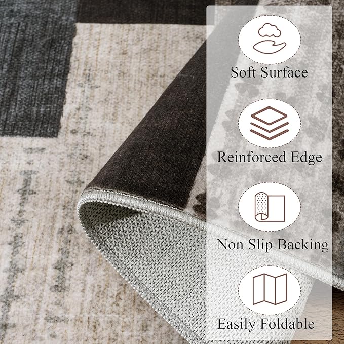 Modern Geometric Patchwork Indoor Runner Rug for Living Room, Blue-Taupe 2.7'x 10' Rug Rockwood Collection Hardwood Floors Decor for Bedroom, Blue Throw Carpet for Office Entryway Dining Room