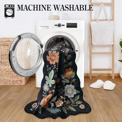 Lahome Floral Entryway Rug, 2x4 Washable Kitchen Rug Ultra-Thin, Non-Slip Soft Door Mat Indoor Entrance Stain Resistant Boho Small Low-Pile Throw Carpet for Bathroom Bedroom(2x4ft,Black/Grey)