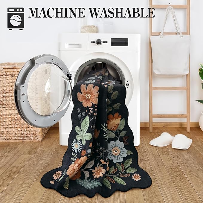 Lahome Floral Kitchen Runner, 2x5 Soft Washable Runner Rug Non Slip, Ultra-Thin Hallway Rug Stain Resistant Boho Carpet for ‎Laundry Bathroom Bedroom, Black/Grey