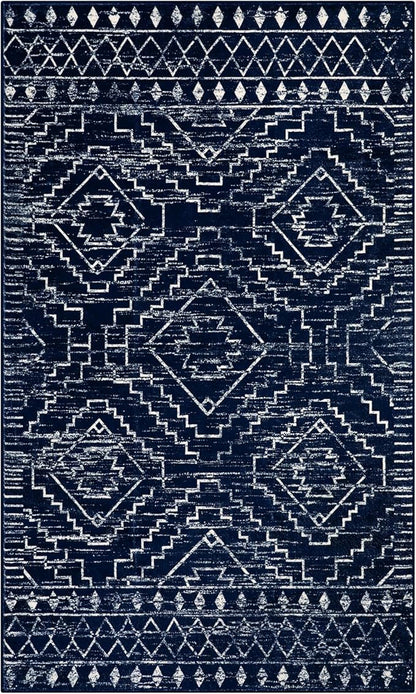 Wonnitar Moroccan Washable Rug 3x5, Blue Non-Slip Entryway Area Rug, Soft Farmhouse Bedroom Throw Mat, Geometric Low Pile Scandinavian Accent Carpet for Entry Kitchen Basement (Blue,3'x5')