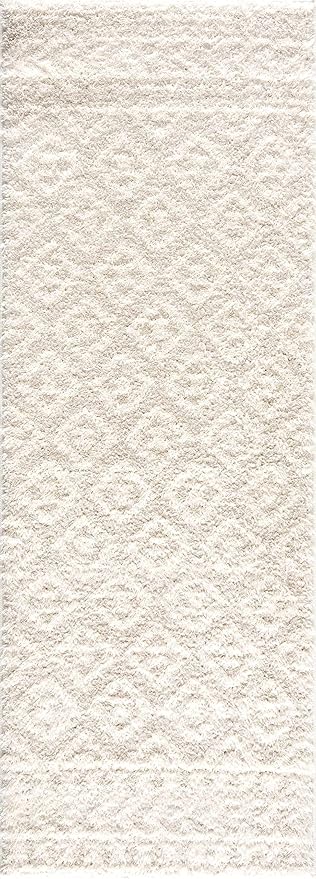 Hauteloom Tilos Moroccan Farmhouse Hallway, Entryway Shag Runner Rug - Shaggy Long Runner Rug - Trellis Pattern - High Plush Pile - Cream, Pink, Beige - 2'7" x 7'3"