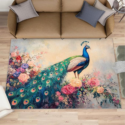Peacock Peony Rug 6x9-6x9 Rug, Classic Peacock Peony Area Rugs for Bedroom, Teal Turquoise Rugs for Living Room, Peafowl Washable Mat, Malachite Green Feather Carpet - Peafowl Home Decor & Gifts