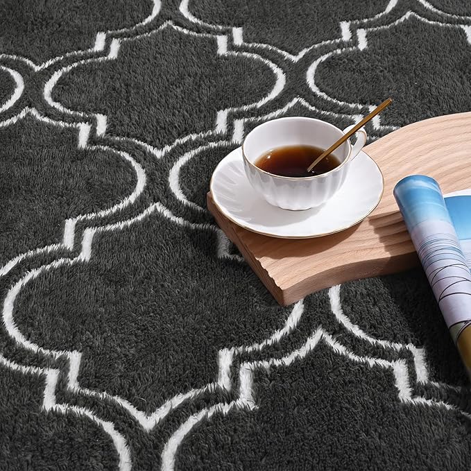 Amearea Fluffy Indoor Trellis Rug, Soft Moroccan Home Rugs for Bedroom, Shag Modern Area Rug for Living Room Kids Room Nursery, Indoor Easy Clean Low Pile Rug Carpet, Dark Grey 4x6 Feet