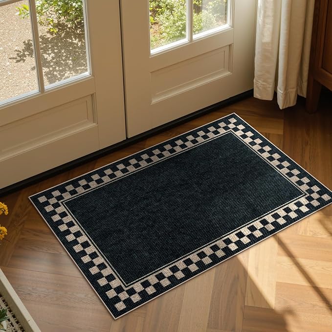 OJIA Easy Jute Kitchen Rug, 2x3 Black Indoor Door Mat Checkered Washable Area Rug Non-Slip Farmhouse Modern Outdoor Doormat Front Door Mat Indoor Entrance Throw Rugs for Entryway Doorway Bathroom