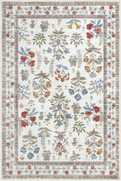 Boho Entryway Rug 2x3 Washable, Ivory Floral Kitchen Rug, Super Thin Faux Wool Small Area Rug, Non-Slip Soft Carpet for Foyer, Bedroom, Office