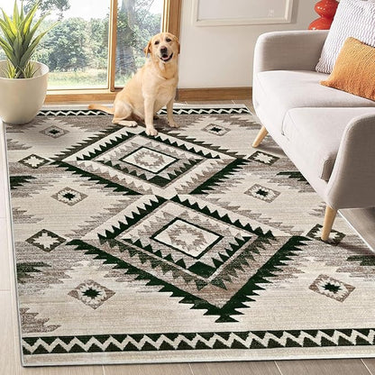 YHSF South West Native American Rug Ritz – Native Tribal American Indian Inspired Rug - Living Room, Bedroom, Hallway, Entryway & High-Traffic Area Rugs - Washable - Soft - Olive, 5 Feet x 7 Feet
