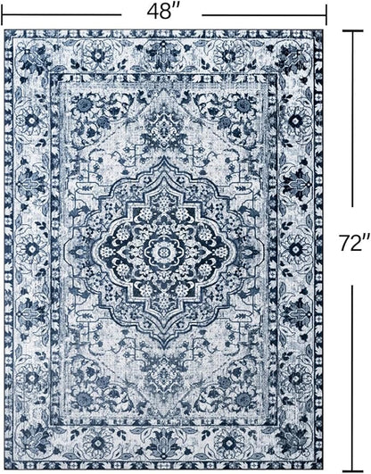 YJ.GWL Area Rugs for Living Room 4x6 Machine Washable Rugs for Bedroom, Non Slip Floral Vintage Rug Indoor Carpet, Stain Resistant Throw Rug for Dining Room Kitchen, Navy Blue
