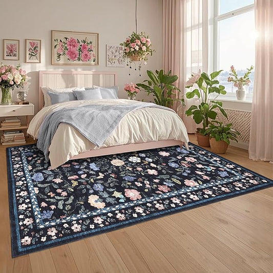 GarveeHome Large Washable Area Rug 10 x 13 for Living Room, Non-Slip Soft Vintage Rug, Low Pile Farmhouse Floral Carpet, Non-Shedding Foldable Printed Rugs for Bedroom, Dark Grey Blue