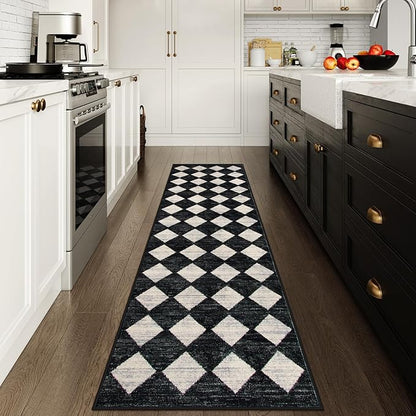 Lahome Checkered Washable Rug Runners for Hallways Non Slip,2x10 Black Kitchen Bathroom Runner Rug,Trellis Low Pile Indoor Carpet Runner for Bedroom Entryway Foyer(2'x10',Black)