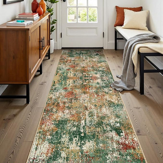 Washable Area Rugs 2'x8' Non-Slip Modern Abstract Soft for Living Room Entryway Bedroom Nursery, Print Pattern, Green Orange Rust Red Cream Colorful