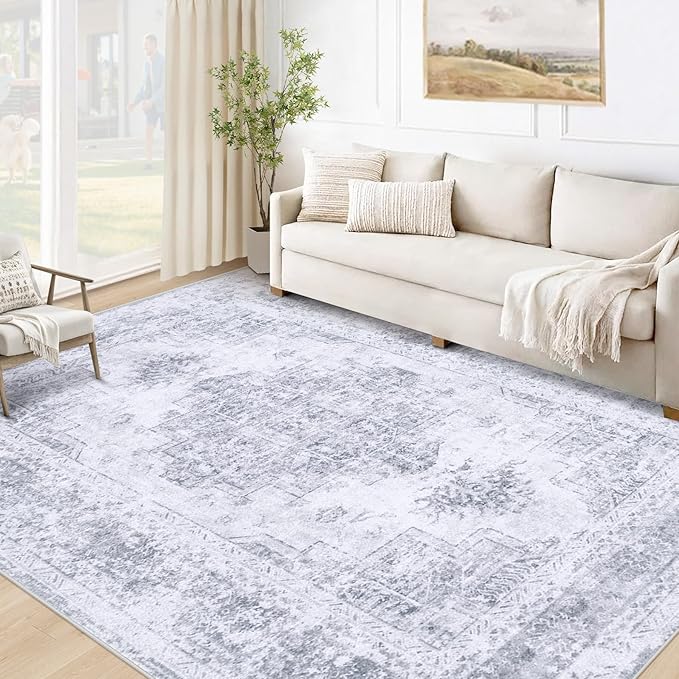 Area Rug 5x7 Living Room Rug, Machine Washable Vintage Distressed Medallion Rug Non-Slip Soft Low Pile Large Indoor Rugs for Bedroom Kitchen Dining Room Office(LightGrey,5'x7')