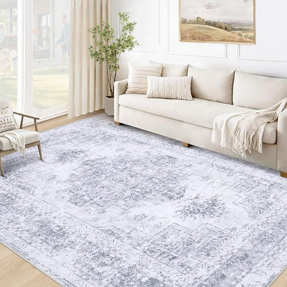 Area Rug 5x7 Living Room Rug, Machine Washable Vintage Distressed Medallion Rug Non-Slip Soft Low Pile Large Indoor Rugs for Bedroom Kitchen Dining Room Office(LightGrey,5'x7')