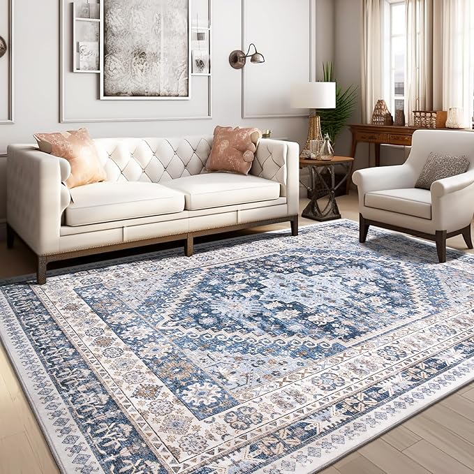 zesthome 7x9 Area Rug, Super Soft Washable Rugs for Living Room, Non-Slip Stain Resistant Vintage Rugs, Ultra-Thin Large Area Rugs (Blue/Beige,7'x9')