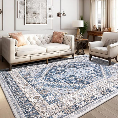 zesthome 9x12 Area Rugs,Stain Resistant Washable Rug,Ultra-Thin Rugs for Living Room,Bedroom,Non-Slip Backing Home Decor Large Area Rug (Blue/Beige,9'x12')
