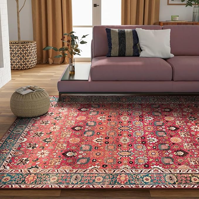 vivorug Washable Rug, Ultra Soft Area Rug 3x5, Non Slip Small Rug Carpet, Stain Resistant Rugs for Living Room Bedroom Entryway, Vintage Floral (Cherry Red/Spice, 3'x5')