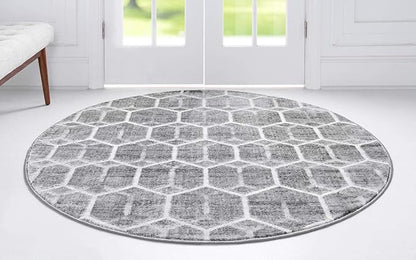 Rugs.com Lattice Trellis Collection Rug – 5 Ft Round Gray Low-Pile Rug Perfect for Kitchens, Dining Rooms