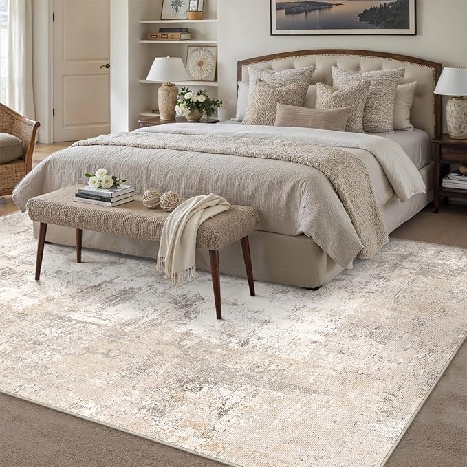 10x12 Area Rug Beige Grey Abstract Living Room Bedroom Washable Carpet Neutral Modern Non Slip Soft Low Pile Indoor Large Throw Rug for Dining Room Office