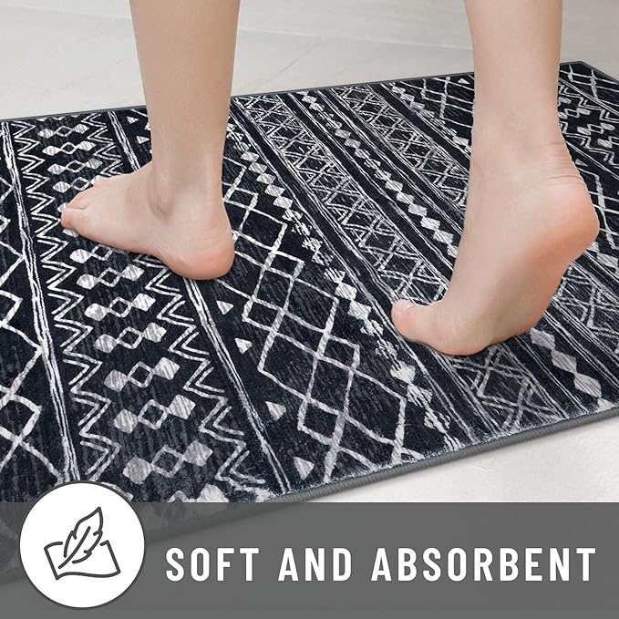 KUTA Moroccan Washable Kitchen Rug, 2x7 Non-Slip Vintage Black Boho Hallway Runner Rugs Ultra Soft Distressed Geometric Floor Carpet Runners for Bedroom Laundry Living Room