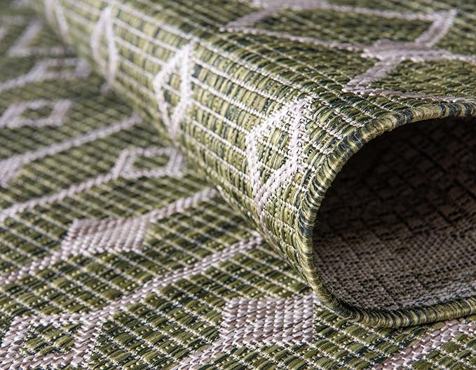 Unique Loom Outdoor Trellis Collection Area Rug - Tribal Trellis (2' x 8' Runner, Green/ Natural)