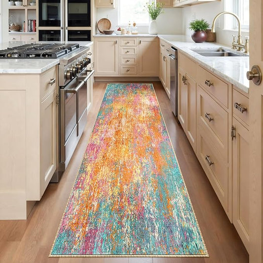 Washable Area Rugs 2'x6' Non-Slip Modern Abstract Soft for Living Room Entryway Bedroom Nursery, Print Pattern, Orange Blue Pink Yellow Colorful