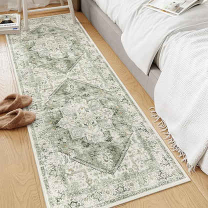 LIVEBOX Washable Runner 2x6 - Vintage Tribal Kitchen Rug, Long Entryway, Low-Pile for Bedroom, Non-Skid Soft Carpet Throw for Bathroom Laundry Room Hallway Sage