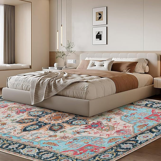 WILLSUN Washable Area Rugs, 8x10 Non-Slip Boho Large Area Rugs for Living Room, Bedroom, Machine Washable Vintage Rug, Indoor Floral Print Carpet for Home Decor, Kid & Pet Friendly Mat