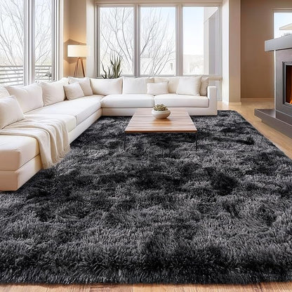 Shaggy Soft Fluffy Rug Non-Slip Indoor Floor Carpet for Living Room Anti-Skid Indoor Carpet Tie-Dyed Black Grey 5x7 Feet