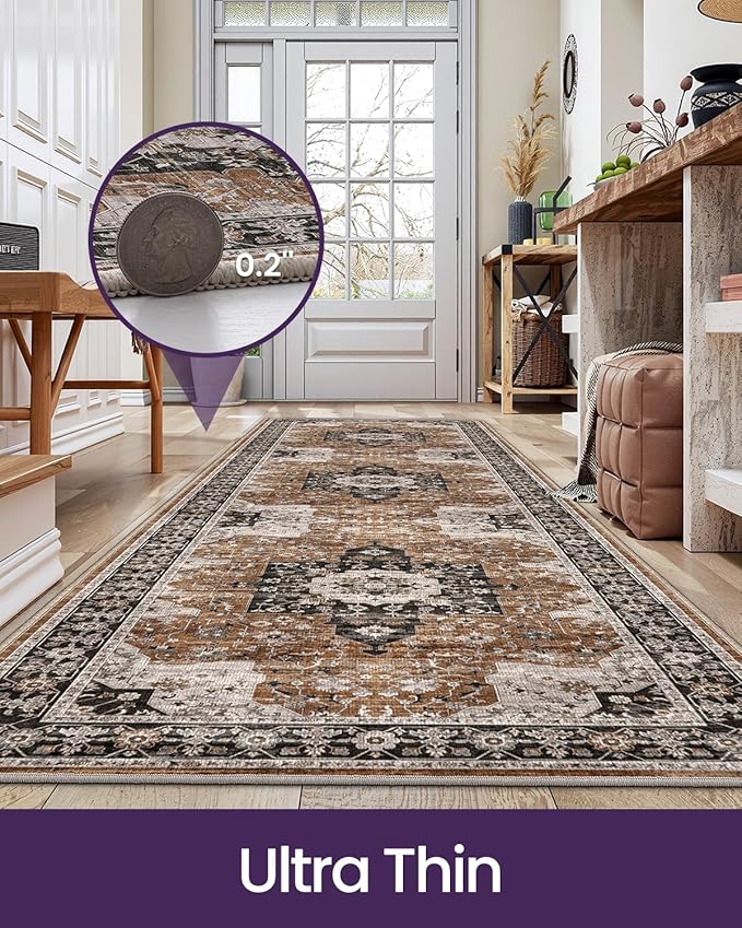 DEXI Hallway Runner Rug 3x12, Distressed Non Slip Runners Carpet, Boho Vintage Soft Thin Indoor Rug, Stain Resistant Washable Entry Mat for Entryway Kitchen Laundry Room Living Room, Brown