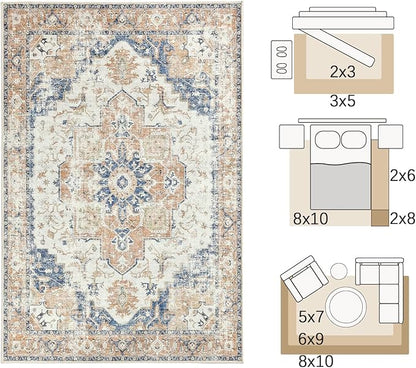 jinchan Area Rug 4x6 Washable Rug Vintage Indoor Floor Distressed Carpet Orange Multi Thin Chenille Mat Accent Rug Lightweight Non Slip Kitchen Living Room Bedroom Dining Room