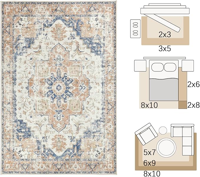 jinchan Kelda Living Room Area Rug 10x12 Washable Rug Vintage Indoor Large Floor Cover Distressed Lightweight Non-Slip Low Pile Thin Mat Stain Resistant Carpet for Bedroom Dining Room Office Orange