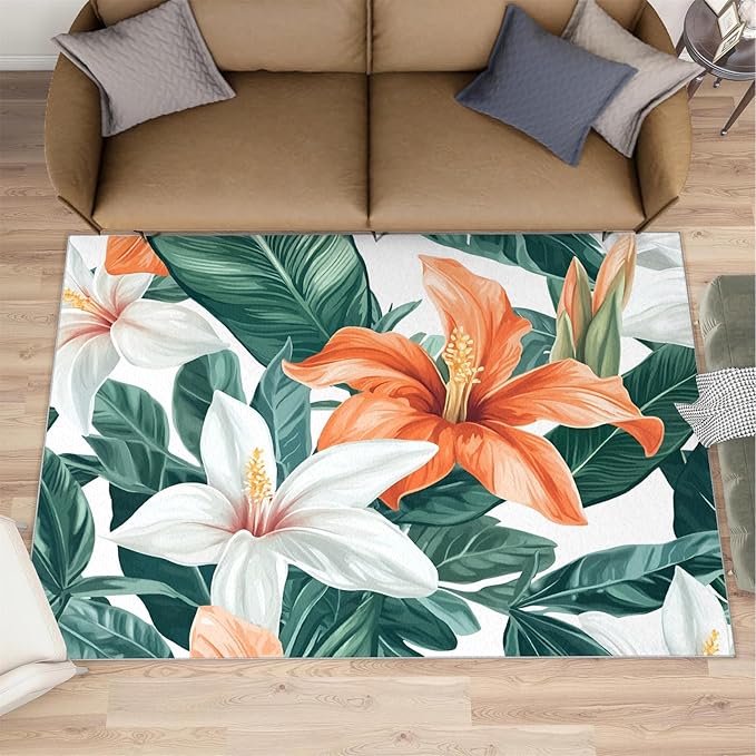 Lily Flowers Rugs for Bedroom - 3x4 Area Rug - Abstract 3D Flowers Rugs for Living Room, Tropical Plants Rug, Washable Home Decor Carpet