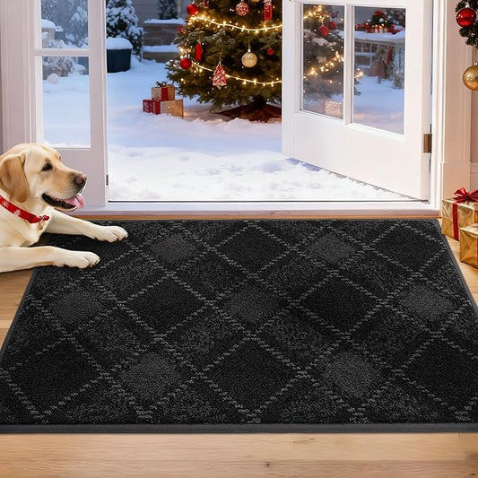 COSY HOMEER Plaid Door Mat 20" x 32",Dirt Trapper Entryway Rugs,Non-Slip Washable Farmhouse Doormat,Low Profile Welcome Mats for Paws Black