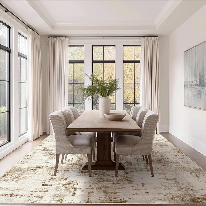 FMFUNCTEX 8x10 Washable Area Rug Brown Beige Neutral Abstract Modern Large Non Slip Carpet for Living Room Bedroom Soft Low Pile Indoor Mat Contemporary Throw Rug for Dining Kitchen Office Nursery