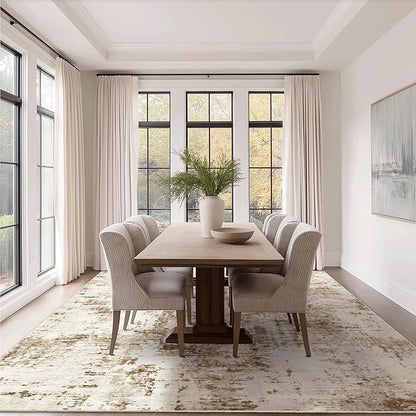 FMFUNCTEX 10x12 Washable Abstract Area Rug Brown Beige Neutral Modern Large Non Slip Carpet for Living Room Bedroom Soft Accent Low Pile Indoor Mat Accent Throw Rug for Dining Kitchen Office Nursery