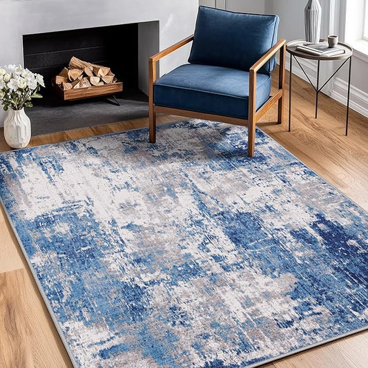 Washable Area Rugs 3'x5' Non-Slip Modern Abstract Soft for Living Room Entryway Bedroom Nursery, Print Pattern, Blue Grey Navy Gray
