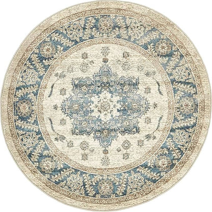 Unique Loom Salzburg Collection Classic Traditional Design Oriental Inspired Border Area Rug (4' 0 x 4' 0 Round, Beige/Blue)